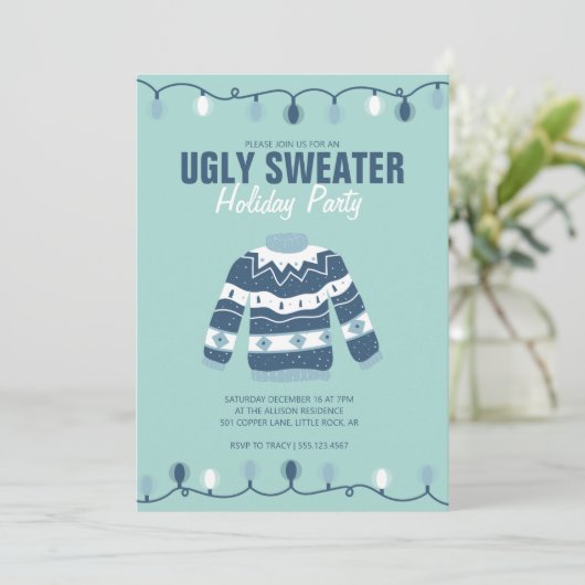 Lelijk sweater blauw groen feestje kaart (Staand voorkant)