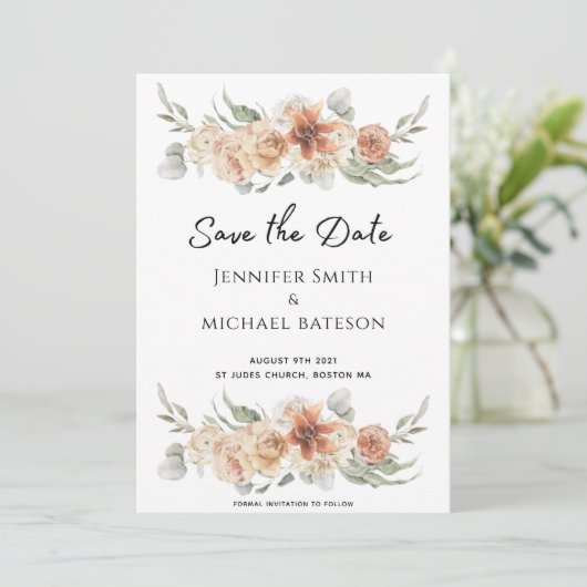 lelijke elegante zomerperzikroze bloemen niet foto save the date (Staand voorkant)