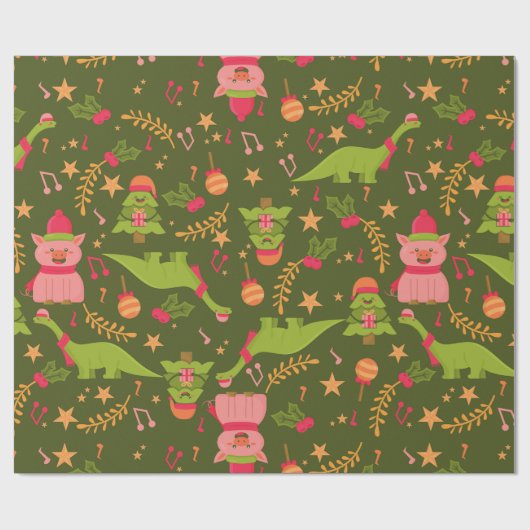 Lelijke kerst dinosaurus Trex Santa Pig Cadeaupapier (Vlak)