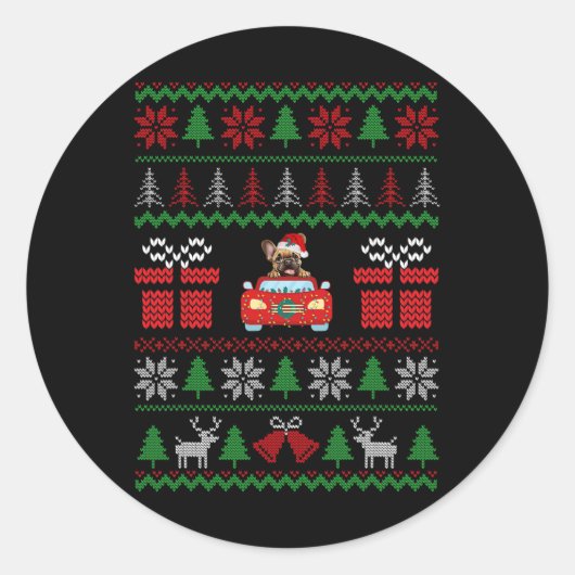 Lelijke Kerst Franse Bulldog Rijdende Auto Rode Ke Ronde Sticker (Voorkant)