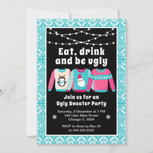 Lelijke kerst truien feestdag feestje blauw kaart (Voorkant)