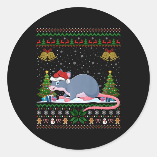 Lelijke kerstboom Verlicht Kerstman Hoed Rat Kerst Ronde Sticker (Voorkant)
