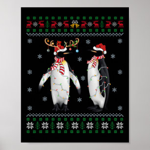 Lelijke kerstboom verlicht kerstmuts pinguïn vogel poster