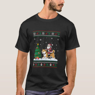 Lelijke kerstboomverlichting Kerstman rijden Shiba T-shirt