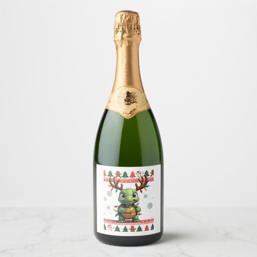 Lelijke Kerstmuts Stijl Verlichte Schildpad Kerstm Sparkling Wijnetiket (Voorkant)