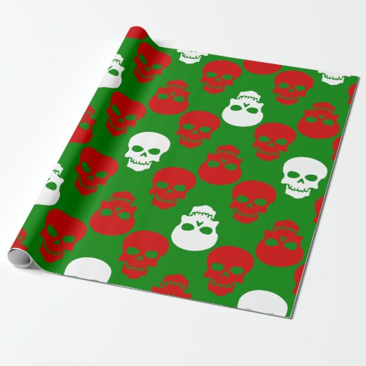 Lelijke kerstschedels rood wit groen cadeaupapier (Uitgerold)