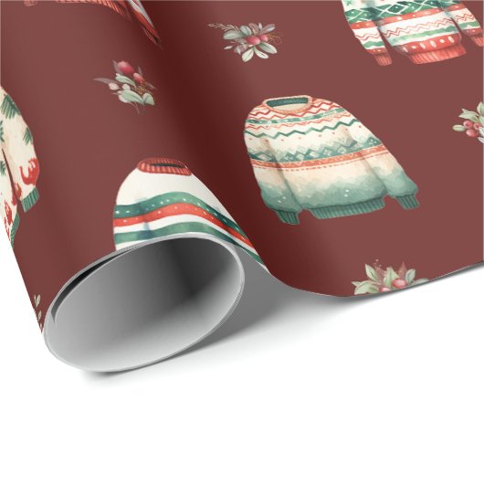 Lelijke kersttrui | Holly en bessen patroon Cadeaupapier (Rol Hoek)