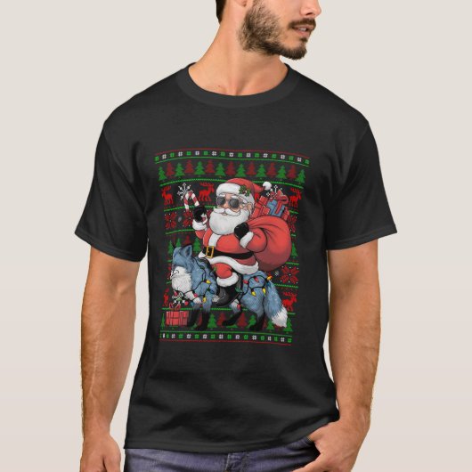 Lelijke kerstverlichting Grappig Santa Riding Fox T-shirt (Voorkant)