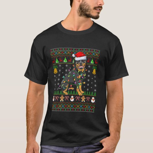 Lelijke kerstverlichting Santa Rottweiler Hondenke T-shirt (Voorkant)