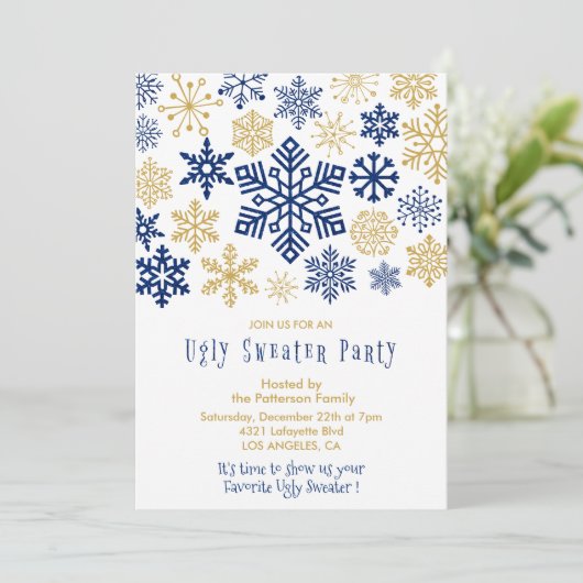 Lelijke sweater party uitnodiging Elegante sneeuwv (Staand voorkant)