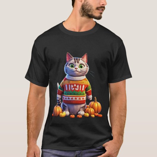 Lelijke Thanksgiving Sweater Kat T-shirt (Voorkant)