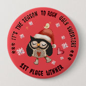 Lelijke trui 1e winnaar Rode Uil Ronde Button 4,0 Cm (Voorkant)
