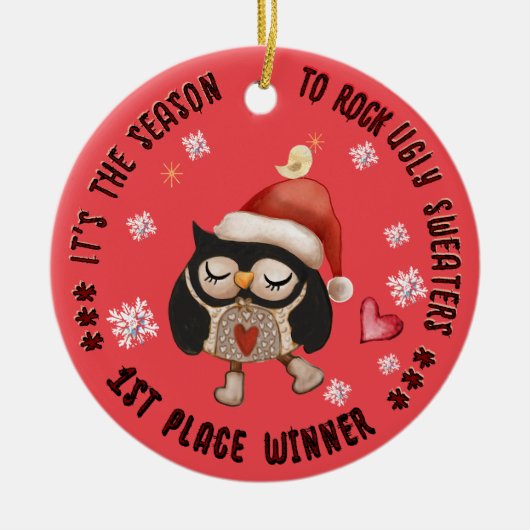 Lelijke trui 1e Winner Uil Keramisch Ornament (Voorkant)