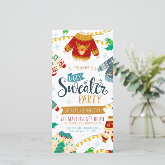 Lelijke trui digitale kerst party uitnodiging (Staand voorkant)