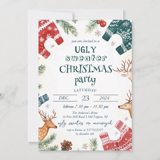 Lelijke trui en rendier kerstfeest kaart (Voorkant)