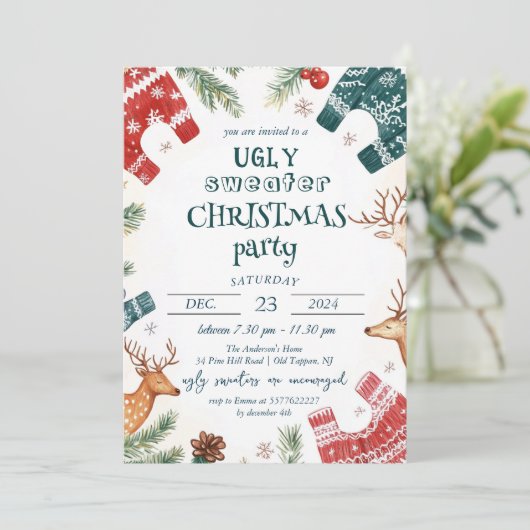 Lelijke trui en rendier kerstfeest kaart (Staand voorkant)