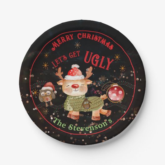 Lelijke trui herten & uil vakantie papieren bordje (Voorkant)