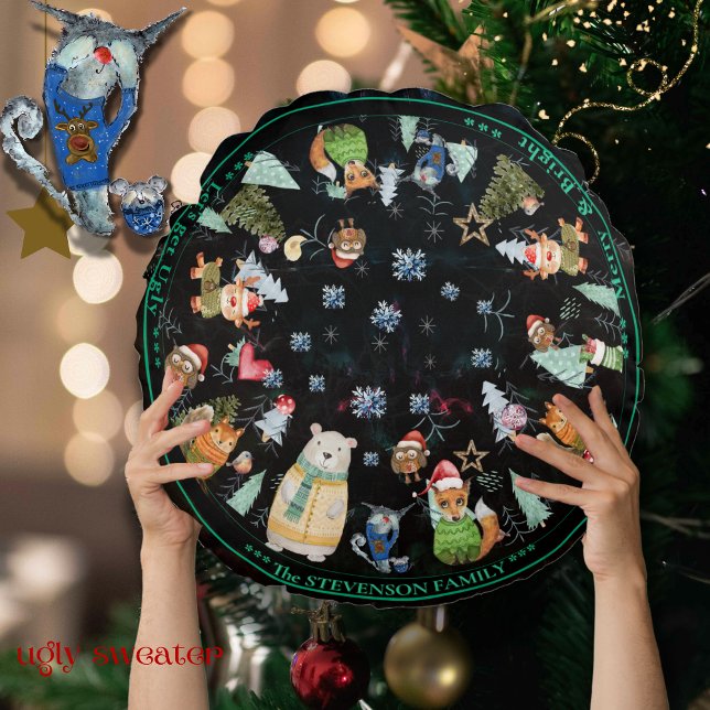Lelijke Trui Kerst Leuke Dieren Rond Kussen (Ugly Sweater Christmas cute Animals Round Pillow (Front))