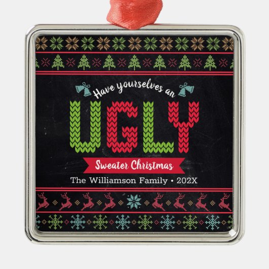 Lelijke trui kerst Nordic Knit Chalkboard Fun Metalen Ornament (Voorkant)