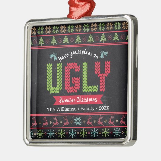 Lelijke trui kerst Nordic Knit Chalkboard Fun Metalen Ornament (Links)
