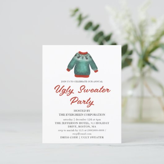 Lelijke trui kerst party budget uitnodiging (Staand voorkant)