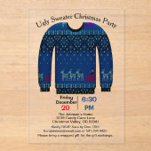 Lelijke trui kerstfeest, blauw met herten acryl uitnodigingen (Voorkant)
