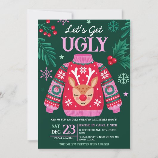 Lelijke trui kerstfeest rendier en Holly Kaart (Voorkant)