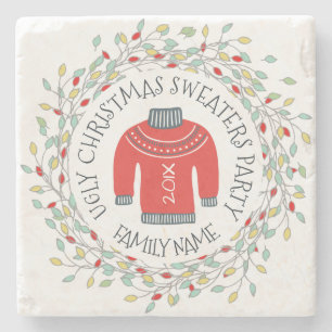 Lelijke trui Kerstfeest Tekst & Winter kransen Stenen Onderzetter