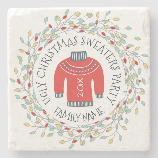 Lelijke trui Kerstfeest Tekst & Winter kransen Stenen Onderzetter (Voorkant)