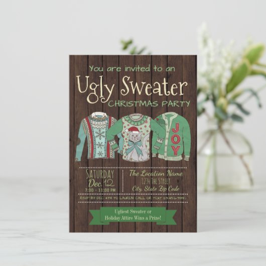 Lelijke trui kerstfeest uitnodigingen rustiek (Staand voorkant)