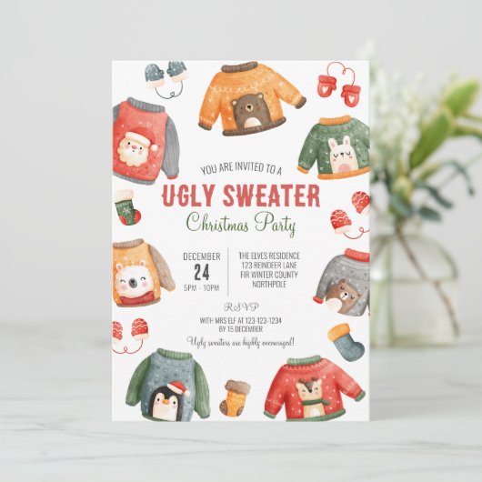 Lelijke trui Kerstmis Uitnodiging, Familiediner Kaart (Staand voorkant)