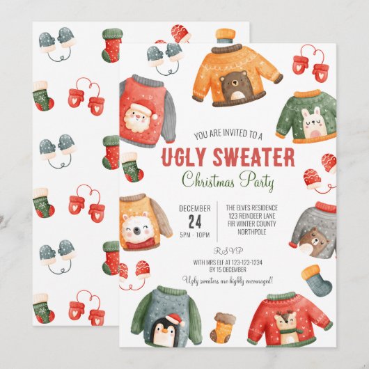 Lelijke trui Kerstmis Uitnodiging, Familiediner Kaart (Voorkant / Achterkant)