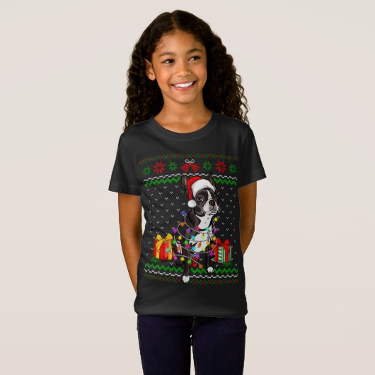 Lelijke trui Kerstverlichting Boston Terrier Hond  T-shirt (Voorkant volledig)