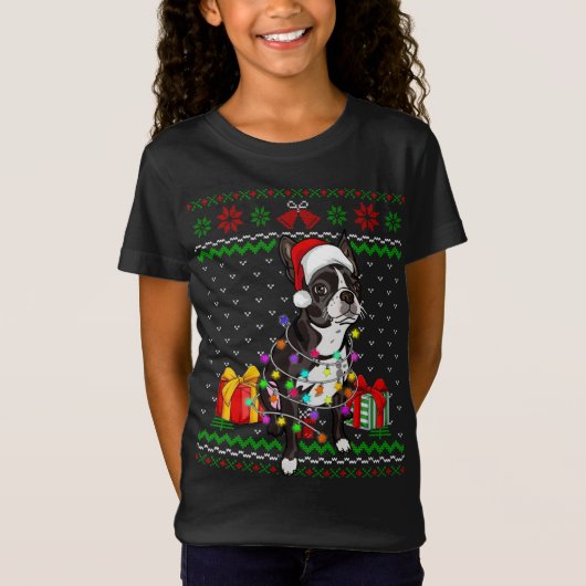 Lelijke trui Kerstverlichting Boston Terrier Hond T-shirt (Voorkant)