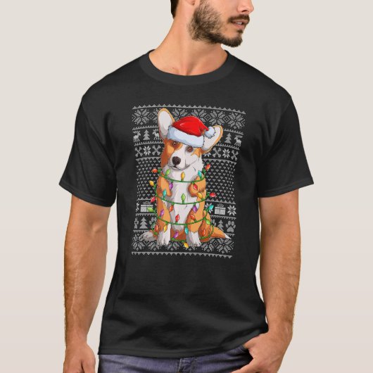 Lelijke trui kerstverlichting Kerstman Corgi Hond  T-shirt (Voorkant)