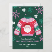 Lelijke trui met Santa & Snowflakes Familiefoto Feestdagenkaart (Voorkant)