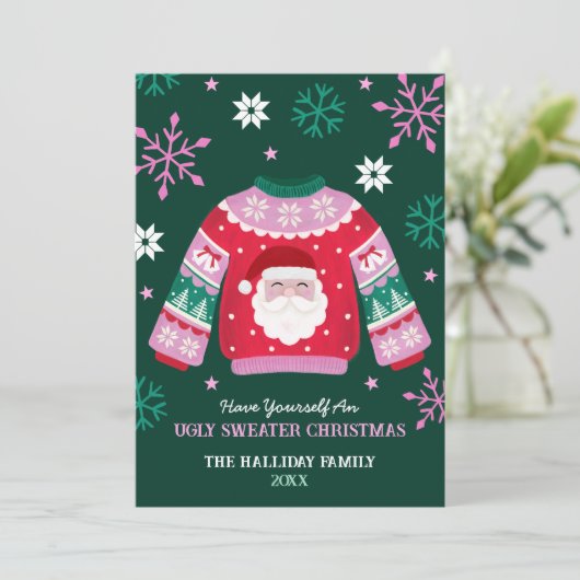 Lelijke trui met Sinterklaas en sneeuwvlokken Feestdagenkaart (Staand voorkant)