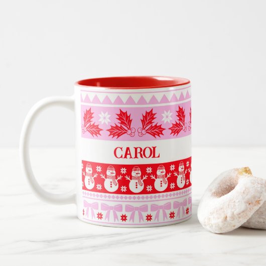 Lelijke trui met sneeuwman roze en rood tweekleurige koffiemok (Met donut)