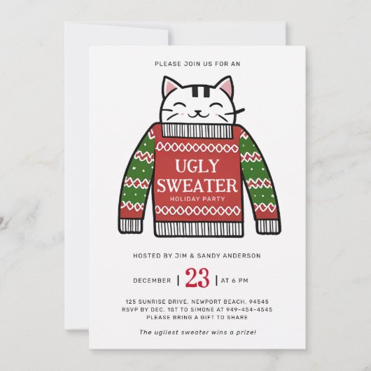 Lelijke Trui Moderne Kat Tekenen Kerstfeest Kaart (Voorkant)