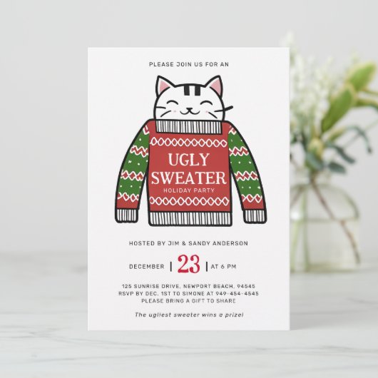 Lelijke Trui Moderne Kat Tekenen Kerstfeest Kaart (Staand voorkant)