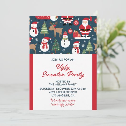 Lelijke trui party uitnodiging bomen Snowman (Staand voorkant)