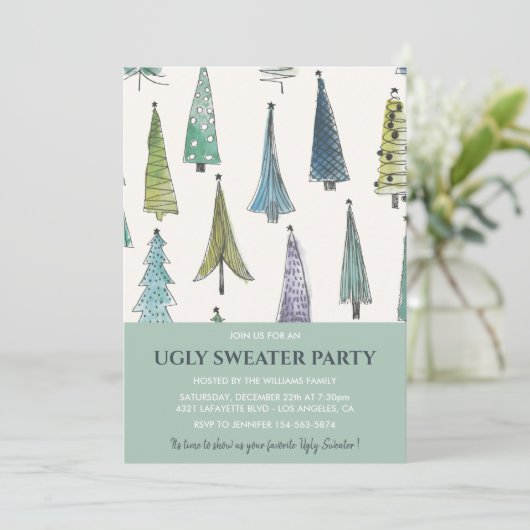Lelijke trui Party uitnodiging Schattigee Bomen (Staand voorkant)