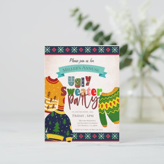 Lelijke trui patroon kerst party uitnodiging (Staand voorkant)