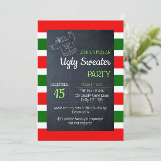 Lelijke trui rood en groene streep kerst kaart (Staand voorkant)