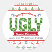 Lelijke trui rood groen Kerstmis Tacky Nordic Knit Ronde Sticker (Voorkant)