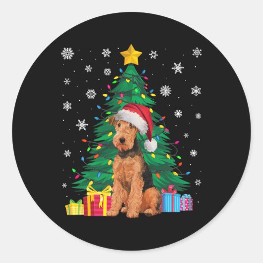 Lelijke Trui Xmas Tree Lights Airedale Terrier Hon Ronde Sticker (Voorkant)