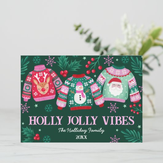 Lelijke truien met kerstman, rendier en sneeuwpopp feestdagenkaart (Staand voorkant)