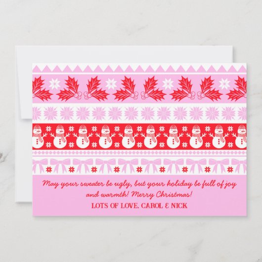 Lelijke truien met kerstman, rendier en sneeuwpopp feestdagenkaart (Achterkant)