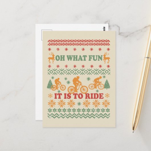 Lelijke vrolijke kersttrui op de fiets briefkaart (Voorkant / Achterkant in situ)