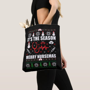 Lelijke vrolijke kersttrui verpleegster tote bag